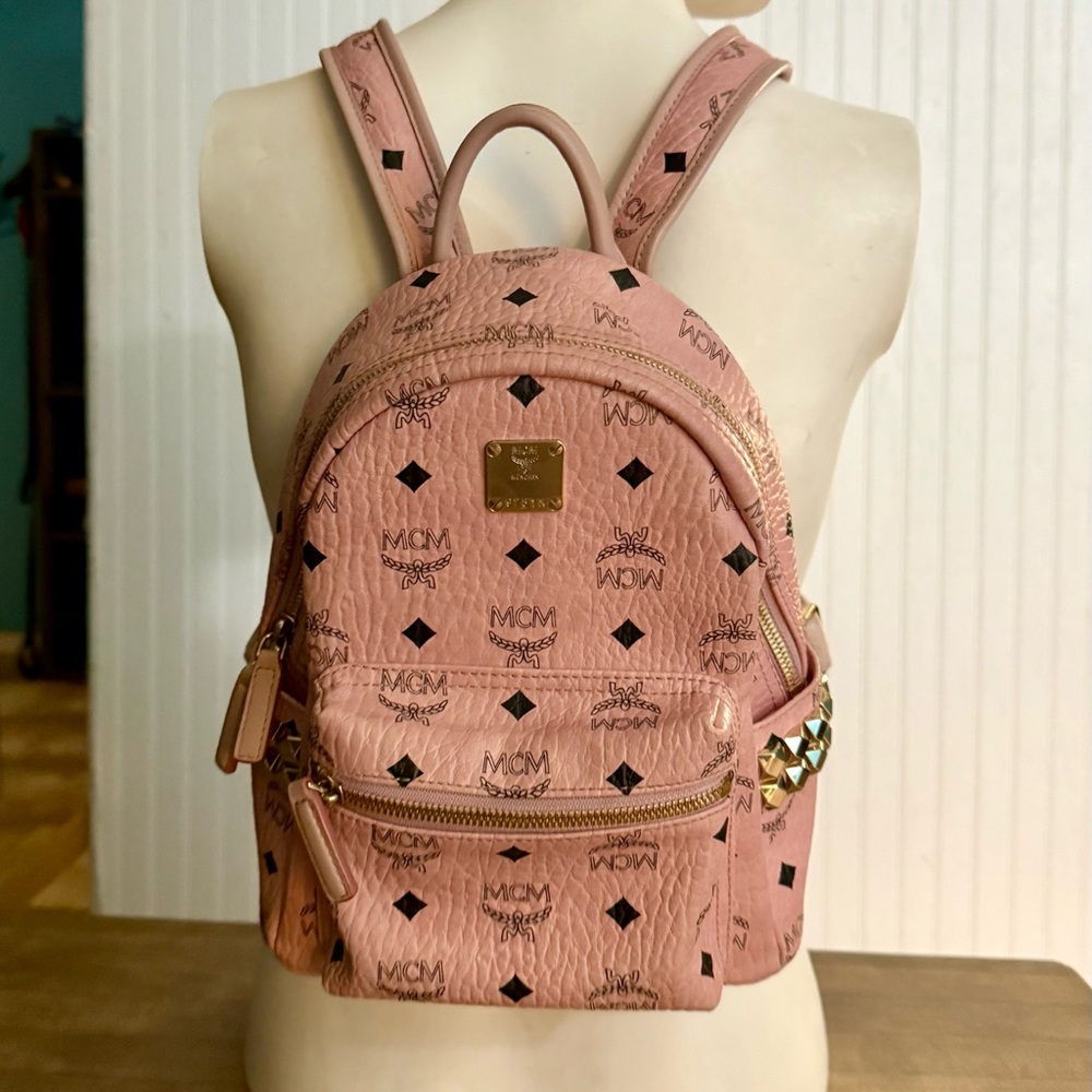 MCM Baby Pink Leather Trim Studded Backpack